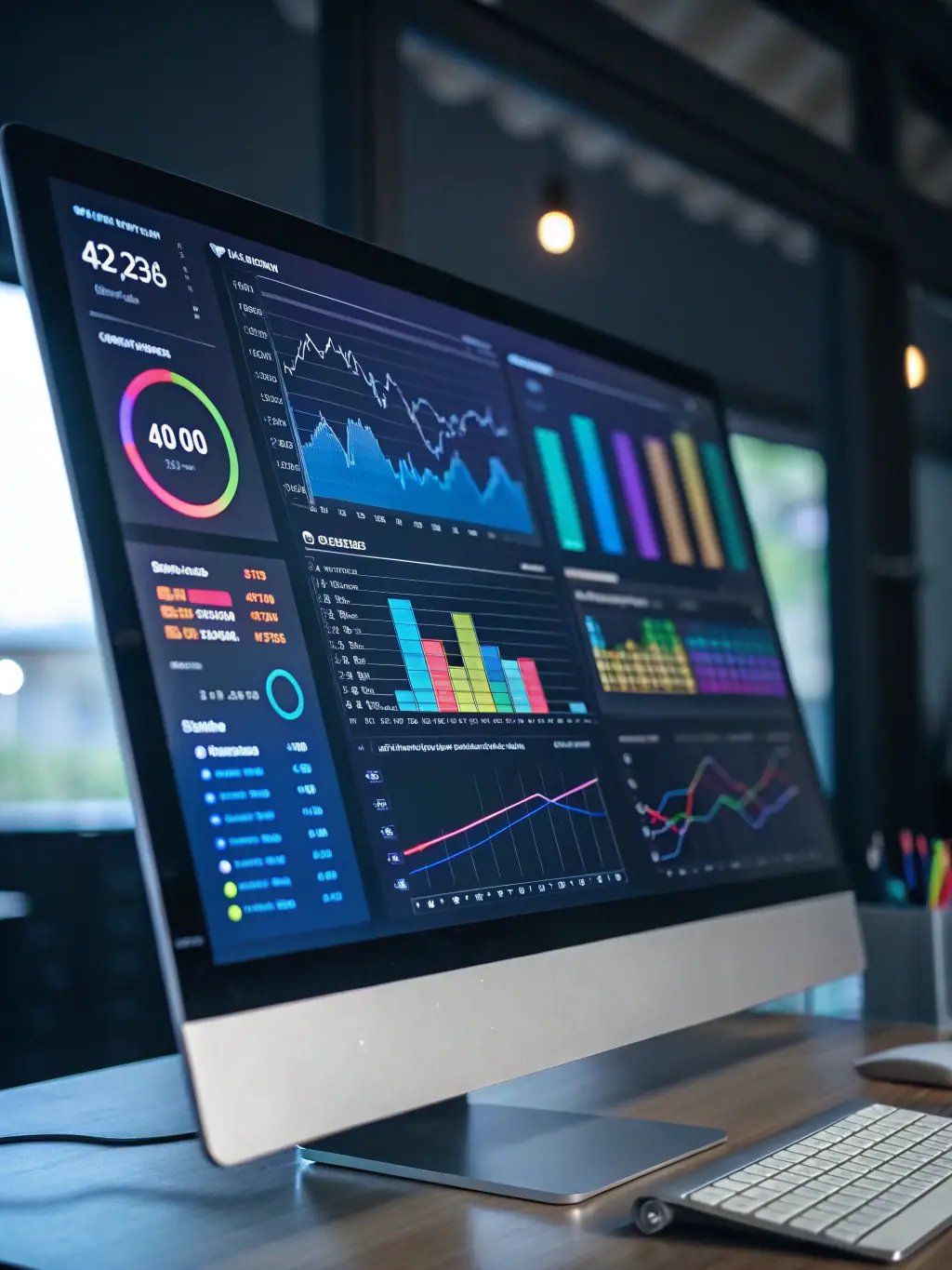 An image of a consultant presenting digital dashboards to a client in a high-tech office, illustrating technology and digital transformation.