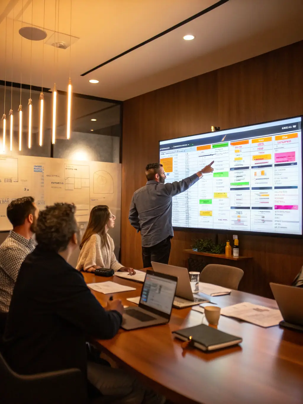 A photo of a manager reviewing workflow charts with team members in a conference room, representing operational improvement.