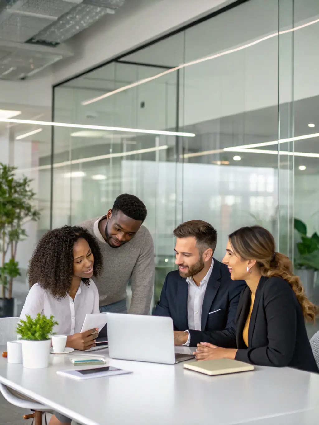 An image of a business team collaborating over strategic plans in a modern office setting, symbolizing strategic business consulting.