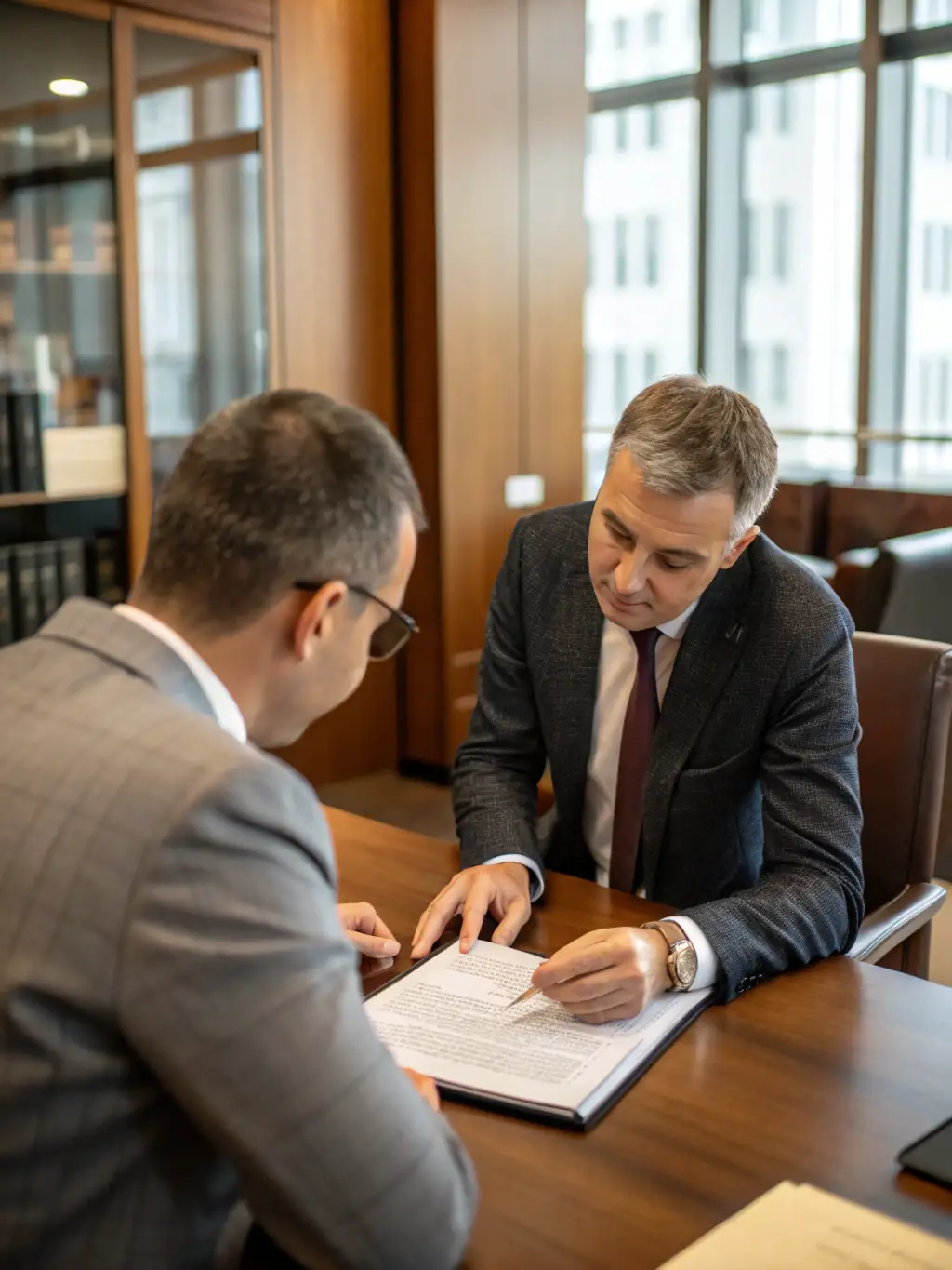 A professional reviewing compliance documents with a client in a formal setting, depicting compliance and regulatory advisory.