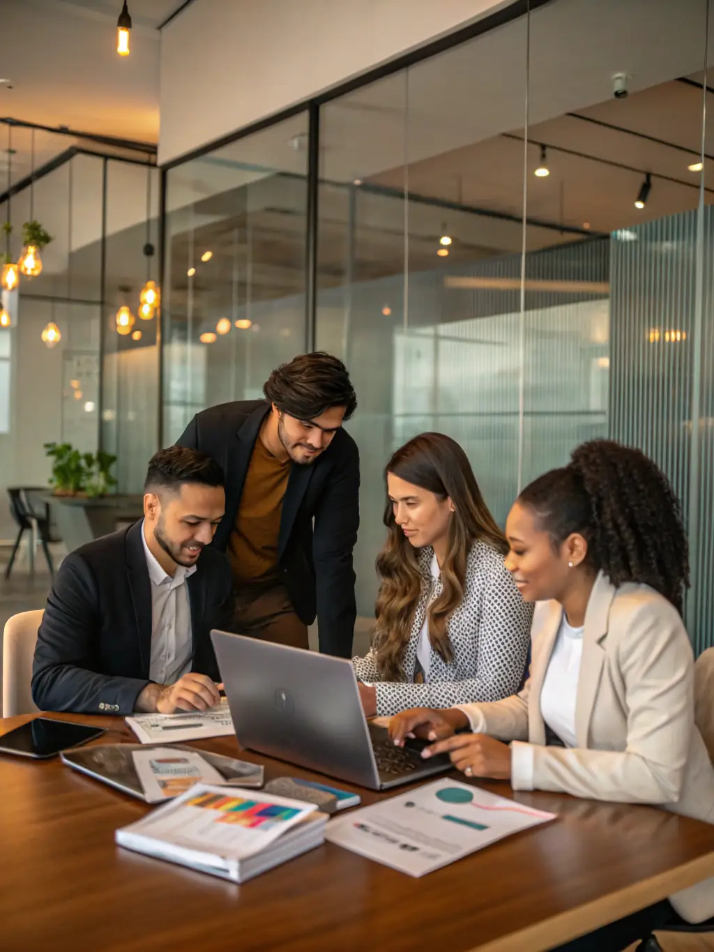 A team of consultants reviewing blueprints and financial models in a modern office, representing VTM's real estate consulting services.
