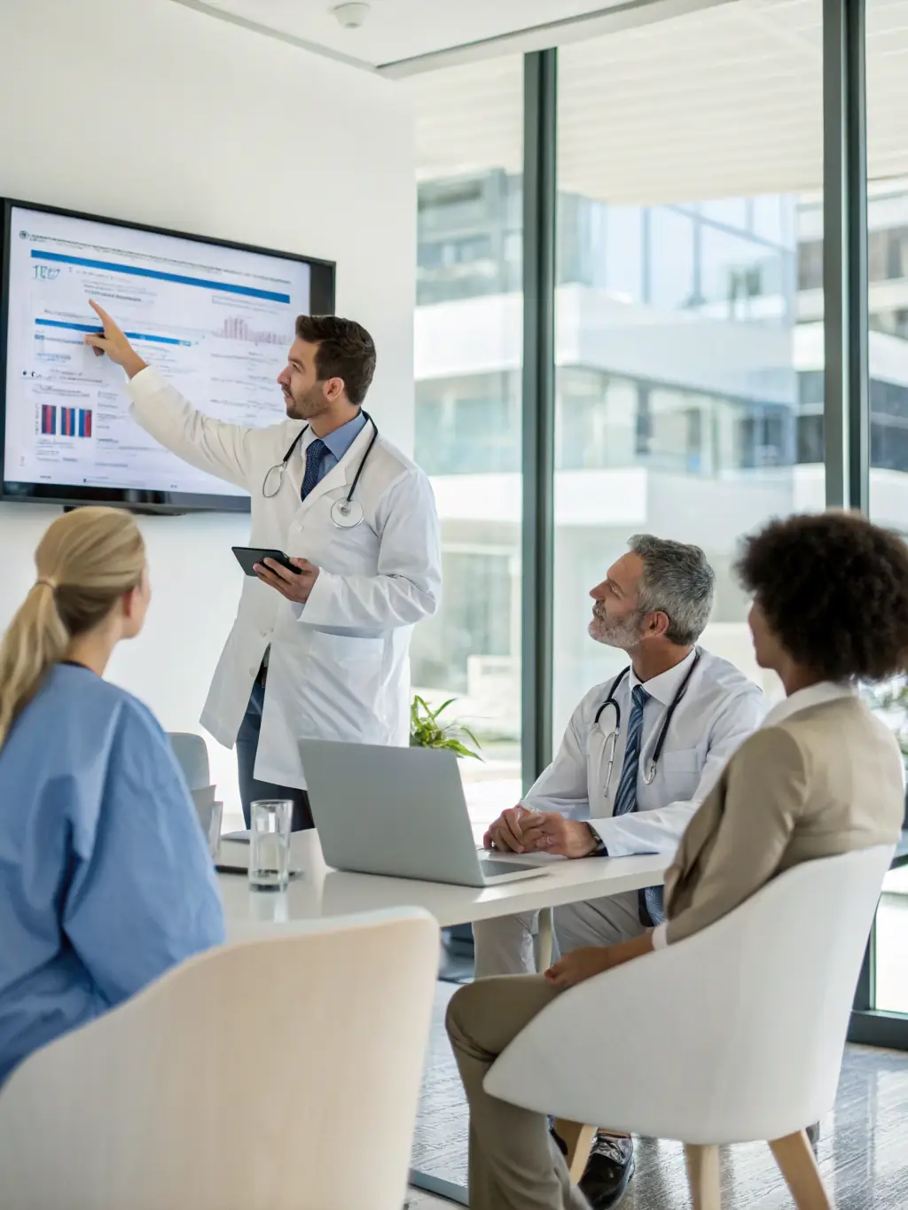 A consultant in a suit, holding a tablet, discussing strategy with a healthcare executive in a modern hospital setting. The image represents VTM's healthcare consulting services.