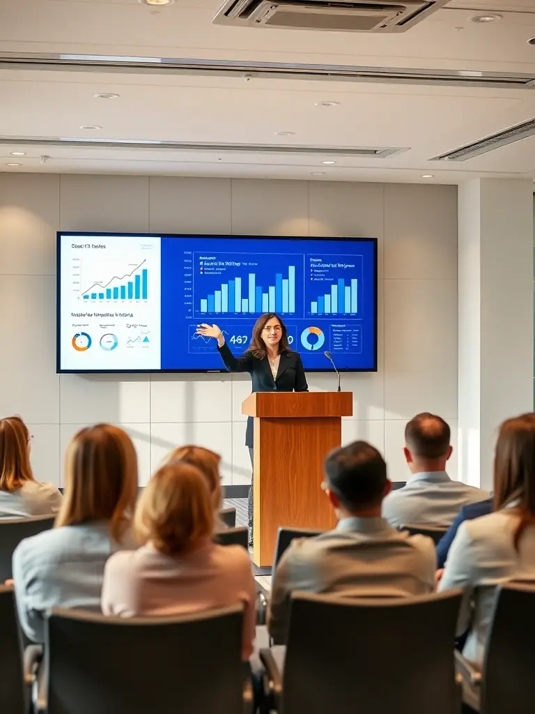 A consultant presenting a digital transformation strategy on a large screen to a diverse team in a corporate boardroom, representing VTM's technology consulting services.